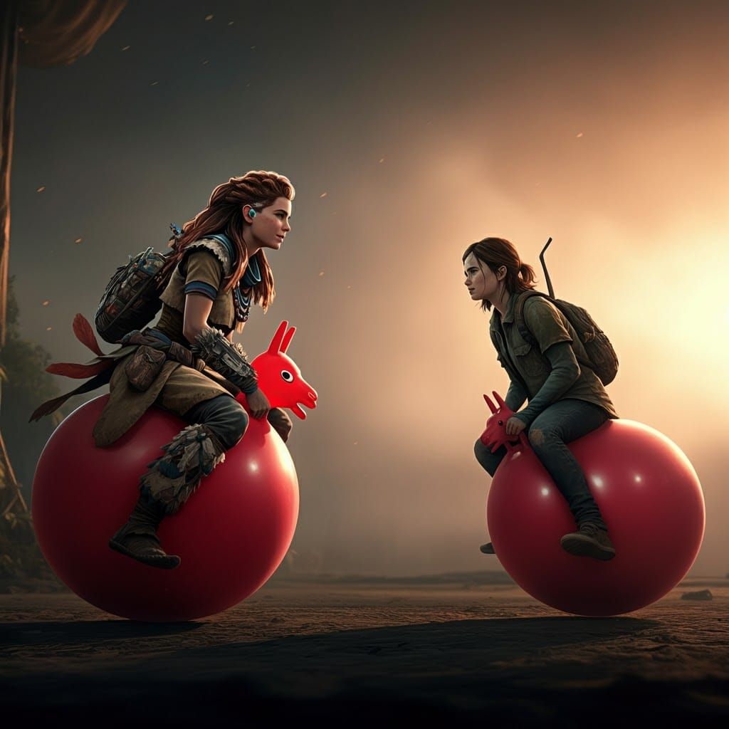 Aloy and Ellie Playfully Bouncing in Golden Hour Light
