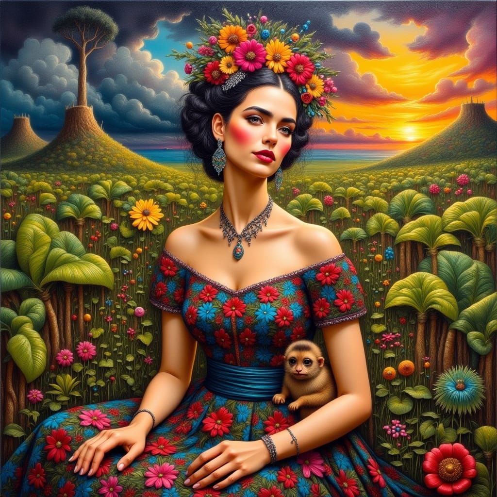 Mexican Woman with Monkey in Frida Kahlo Style