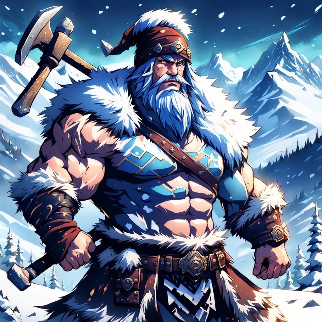 Dwarf Barbarian in Snowy Tundra, Cel-Shaded Style