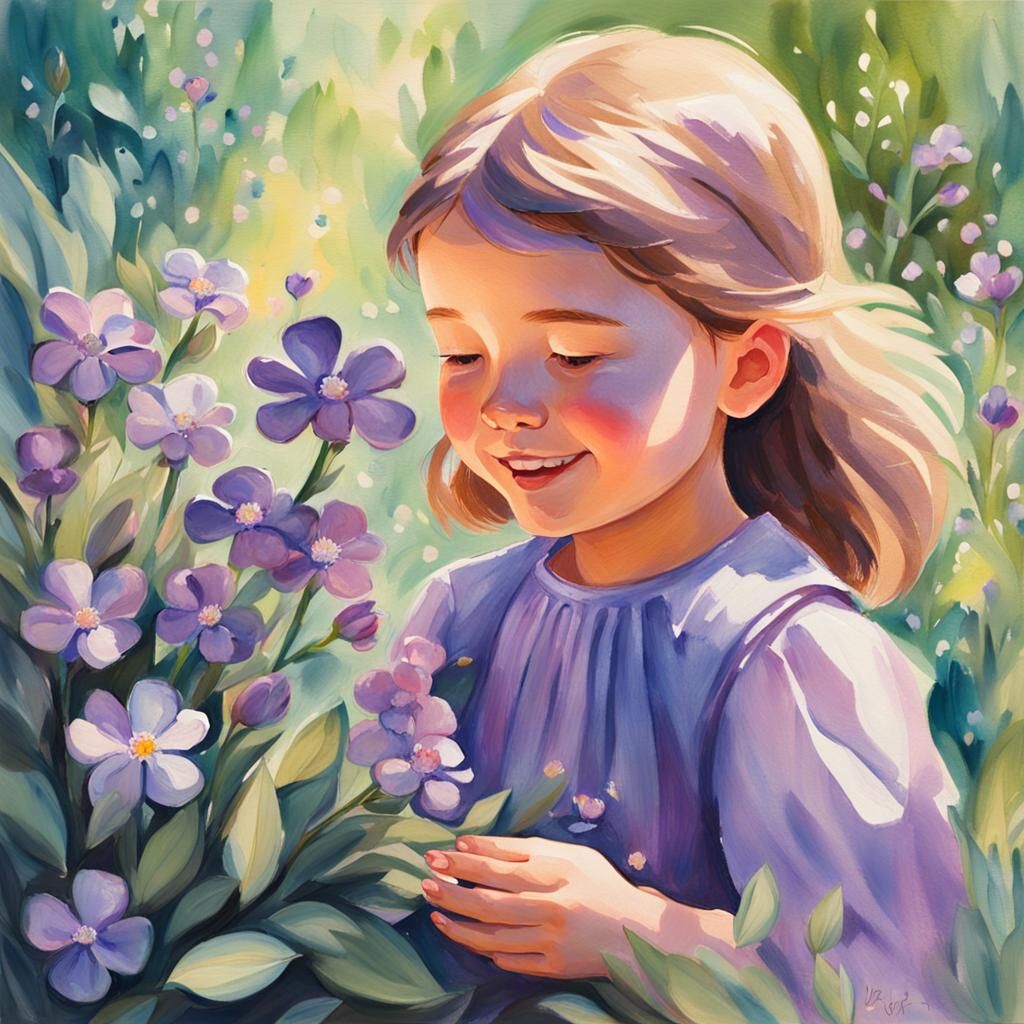 Girl with Iridescent Flowers, Gouache Illustration