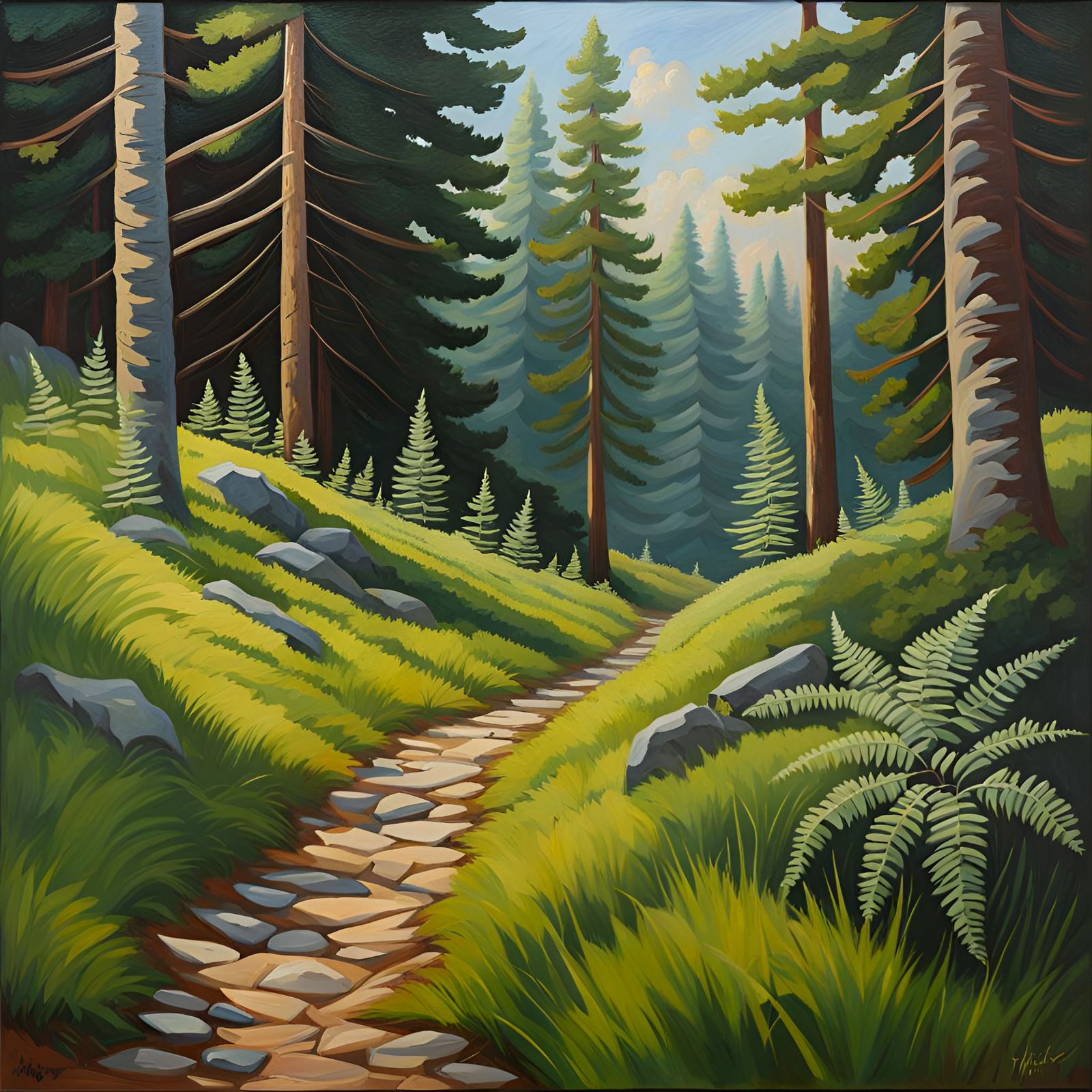 Stone Path Through a Lush Pine Forest