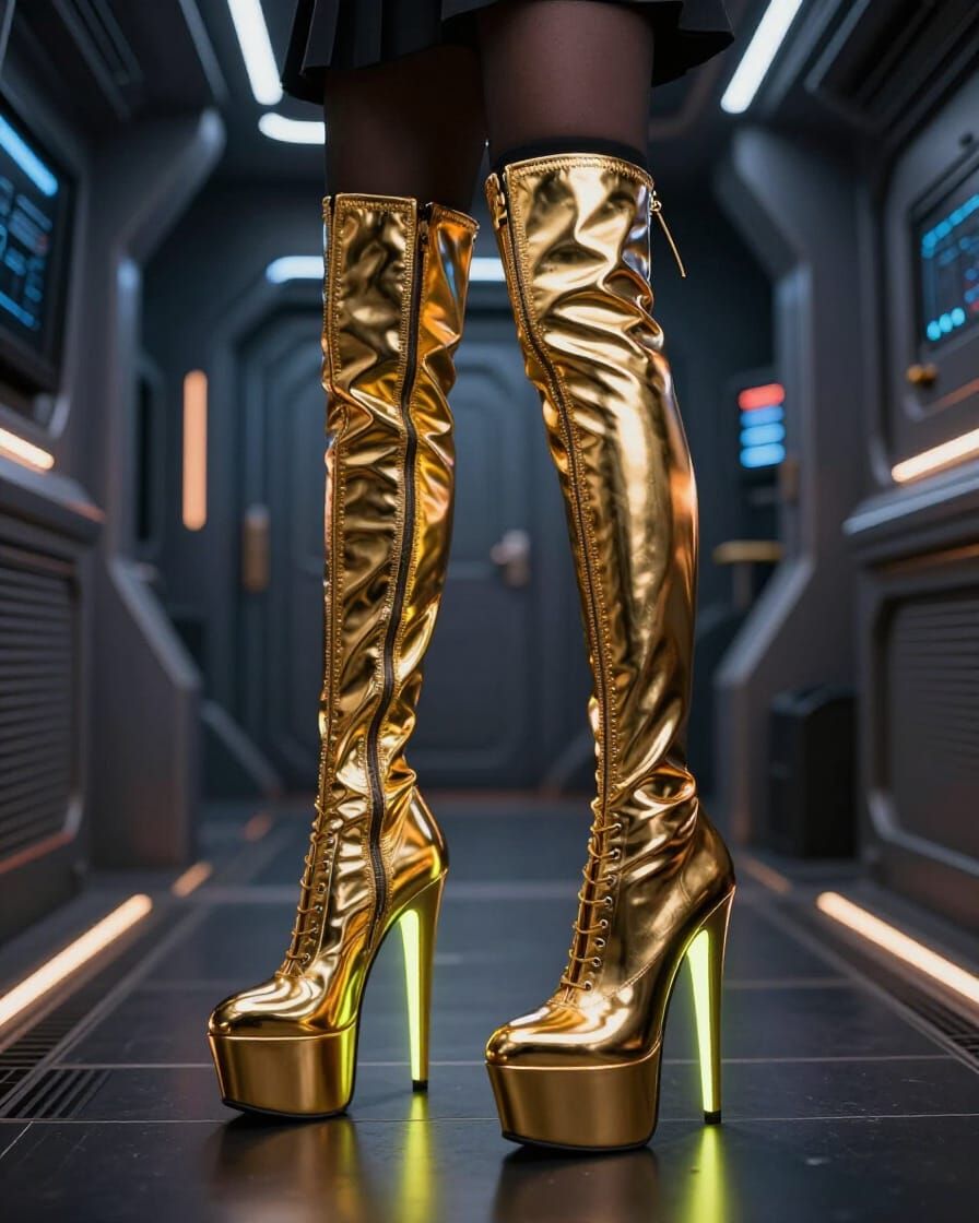 Gold Chrome Stiletto Boots with Neon Glow in Starship Hallwa...