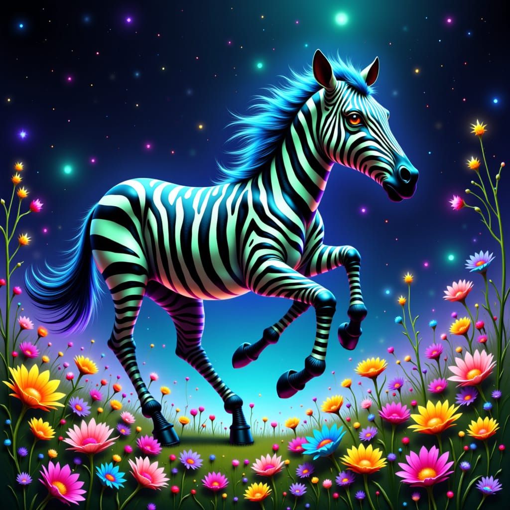 Bioluminescent Zebra in a Whimsical Landscape