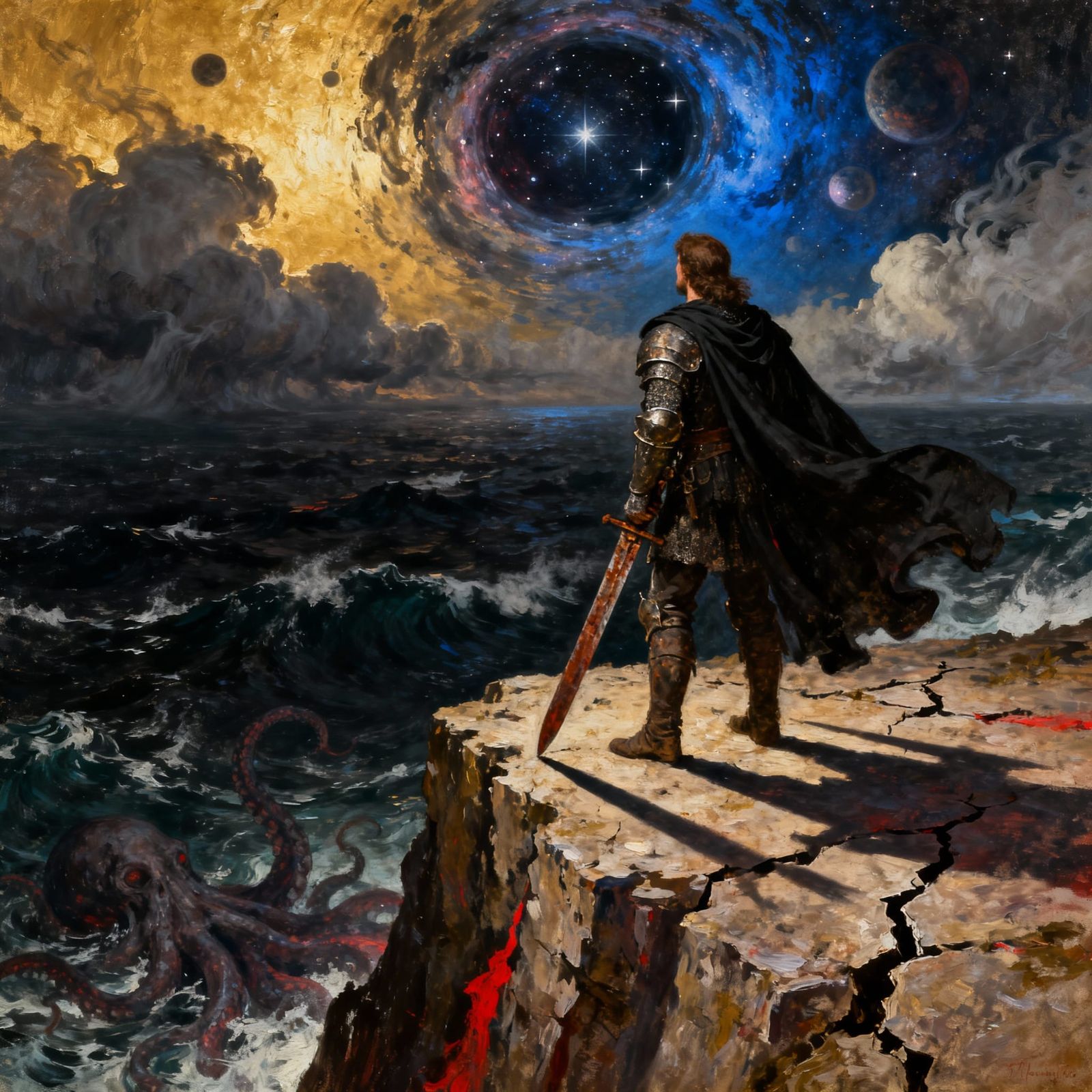 Norman Lord on Cliff Overlooking Dark Ocean Under Starry Sky