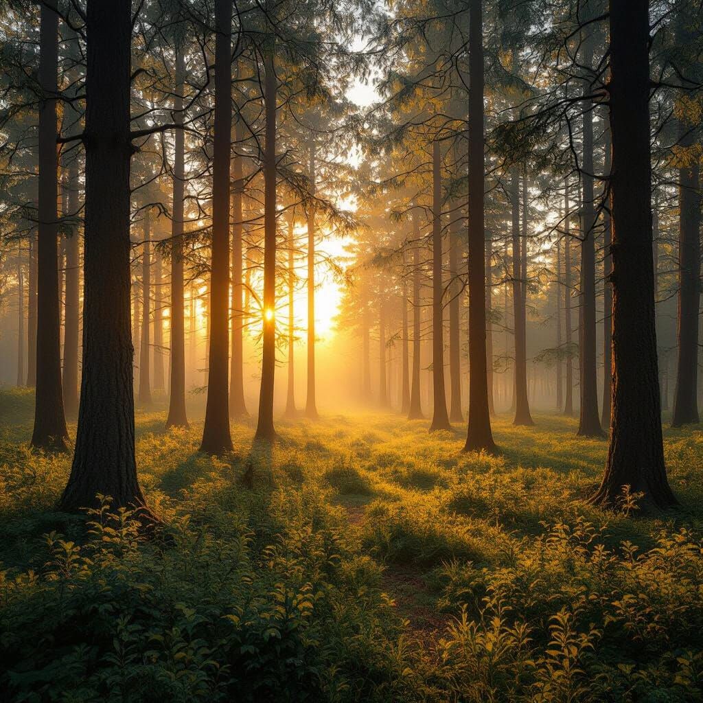 Peaceful Forest Sunrise With Golden Light