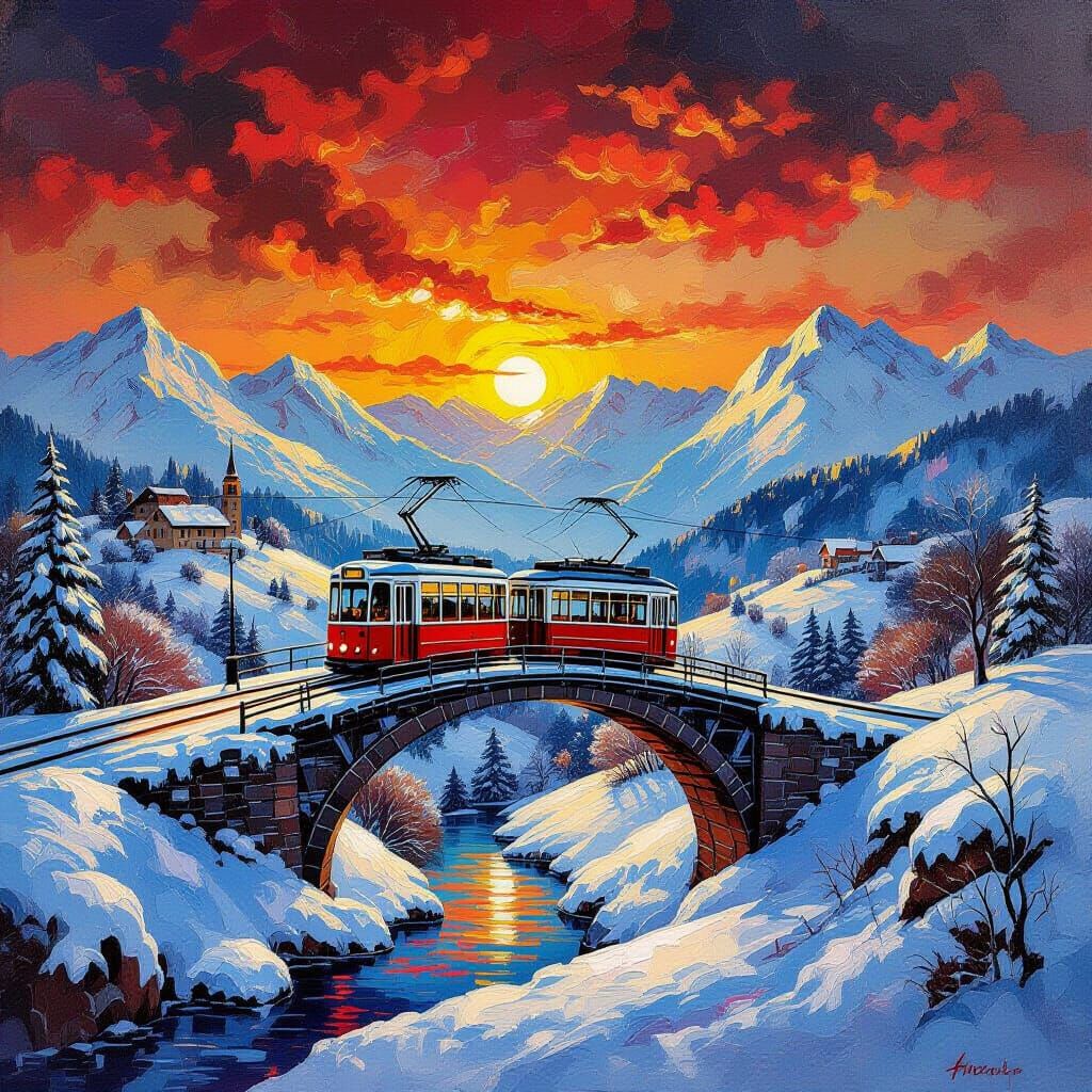 Winter Trams on Overgrown Bridge as Expressionist Oil Painti...