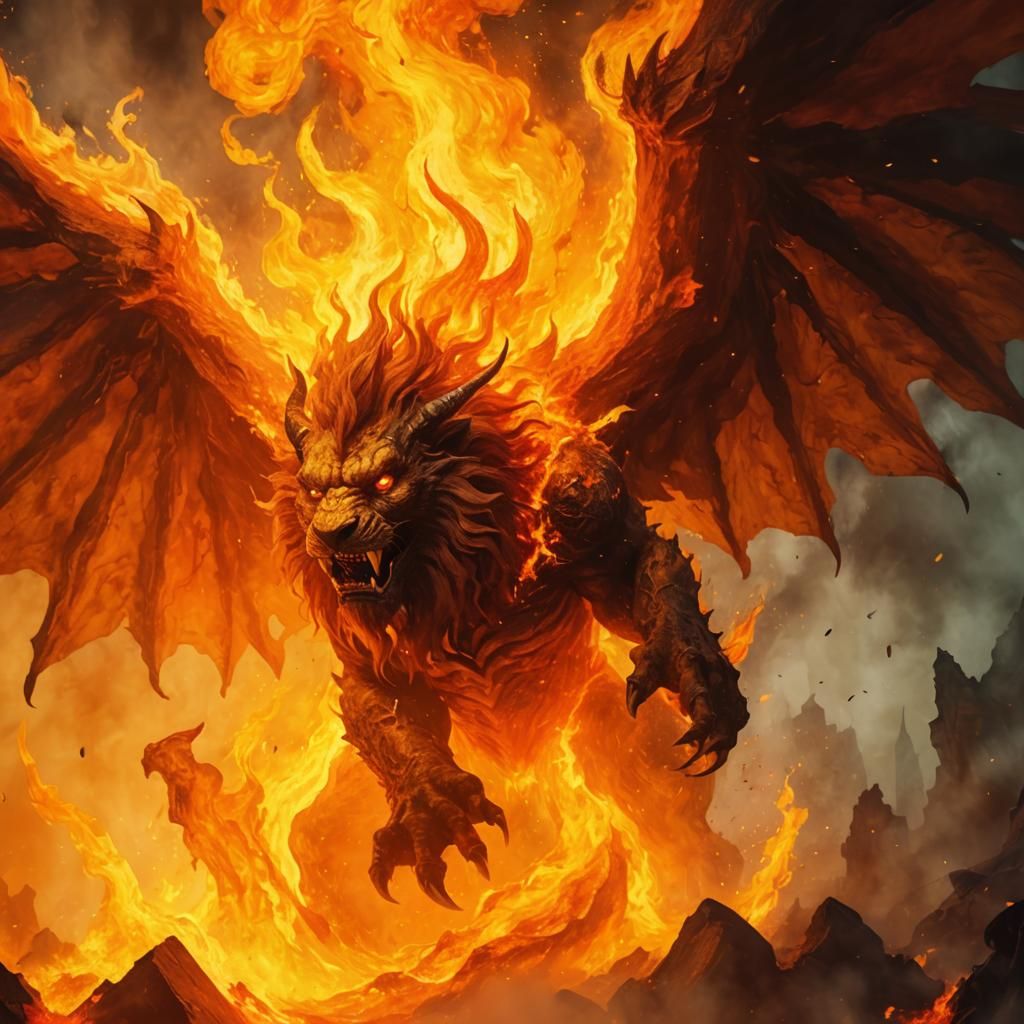 Winged Fire Demon with Fiery Mane