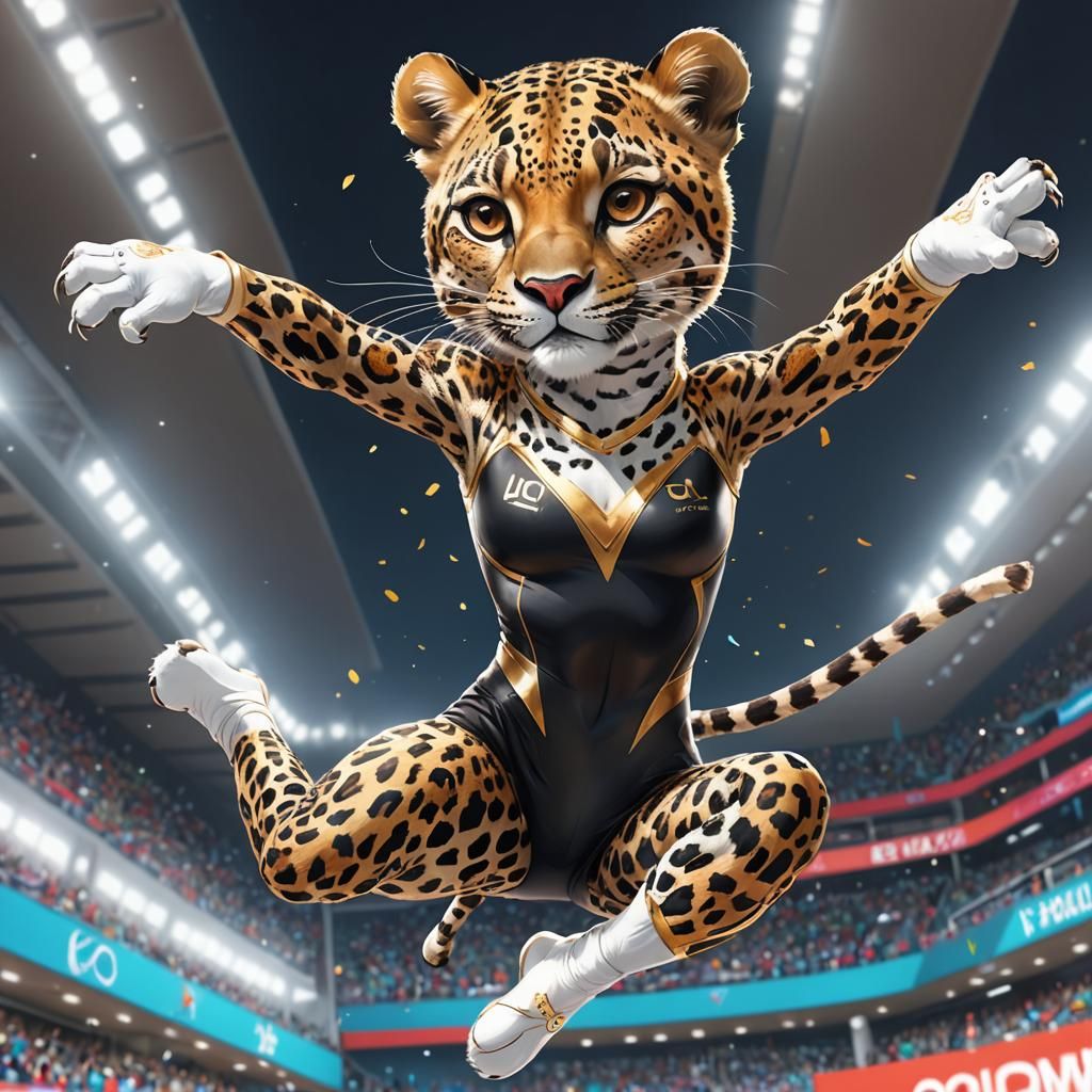 Leopard Gymnast's Aerial Walkover: Manga Style Illustration