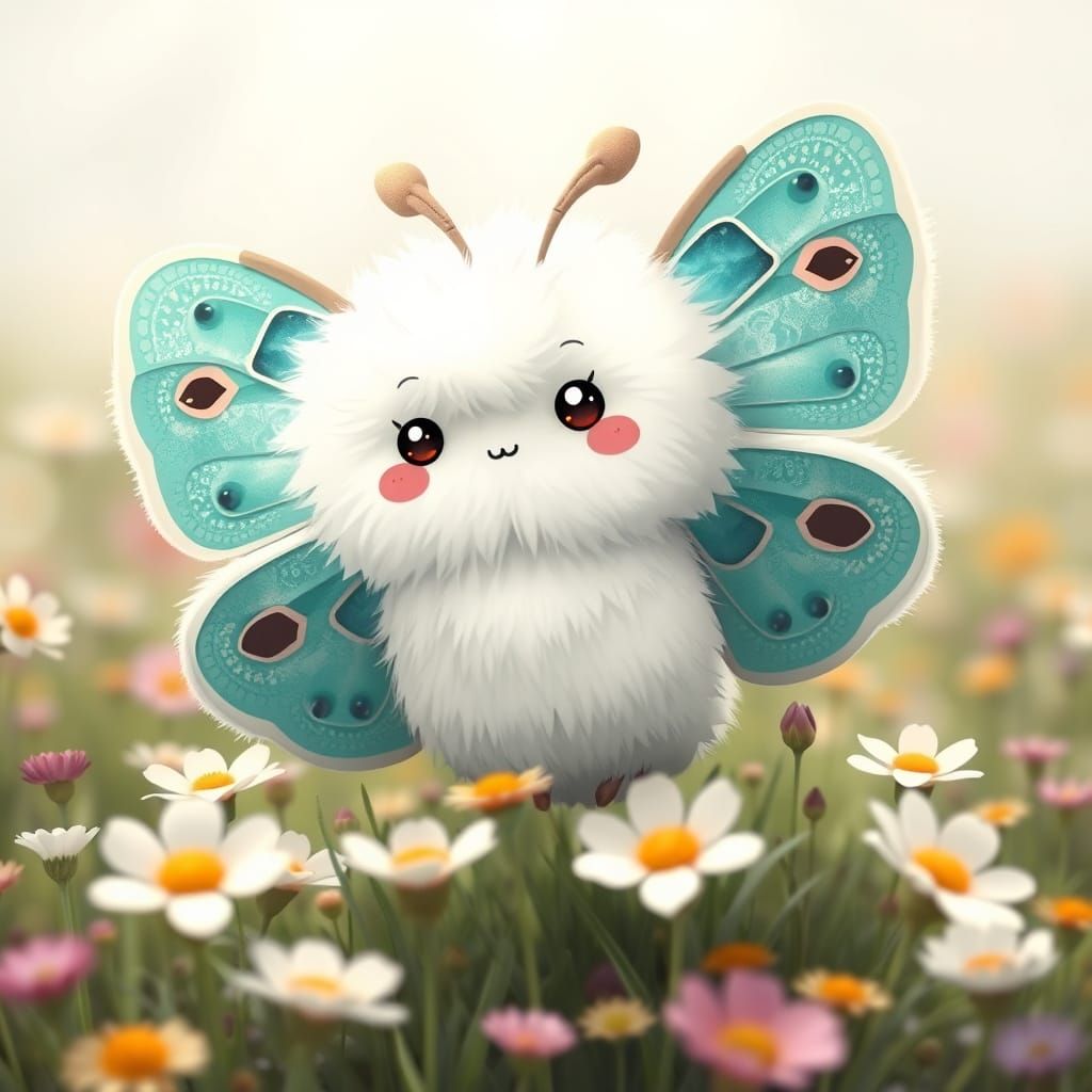 Kawaii Chibi Fluffy Moth in a Field of Flowers