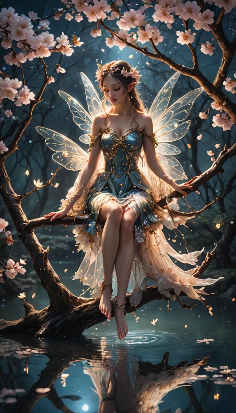 Ethereal Spring Fairy on Cherry Blossom Branch