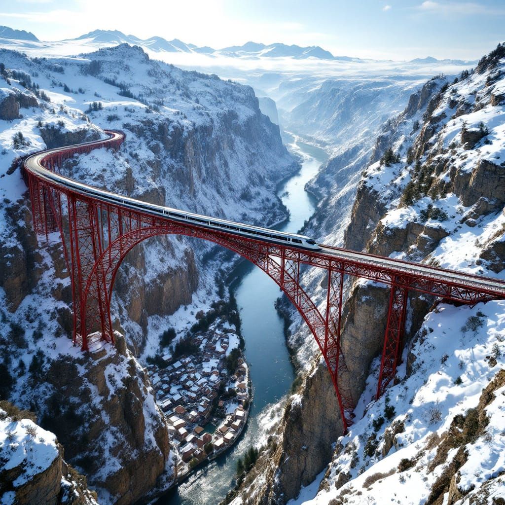 Winter Gorge with Red Suspension Bridge and Train