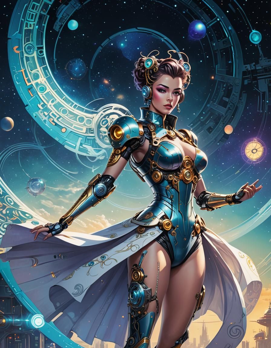 Cyberpunk Cyborg Pin-Up in a Dreamlike Space