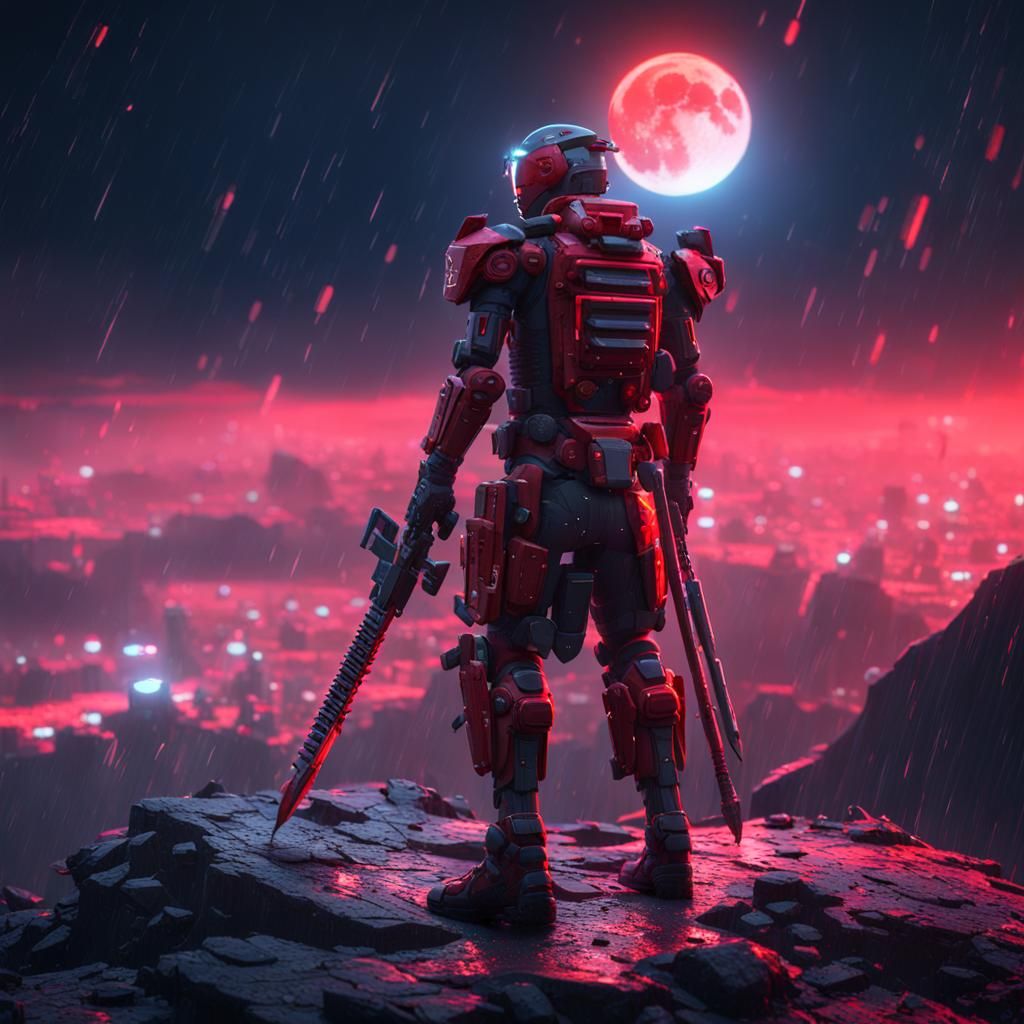 Cyberpunk Katana Under Moonlit Rain