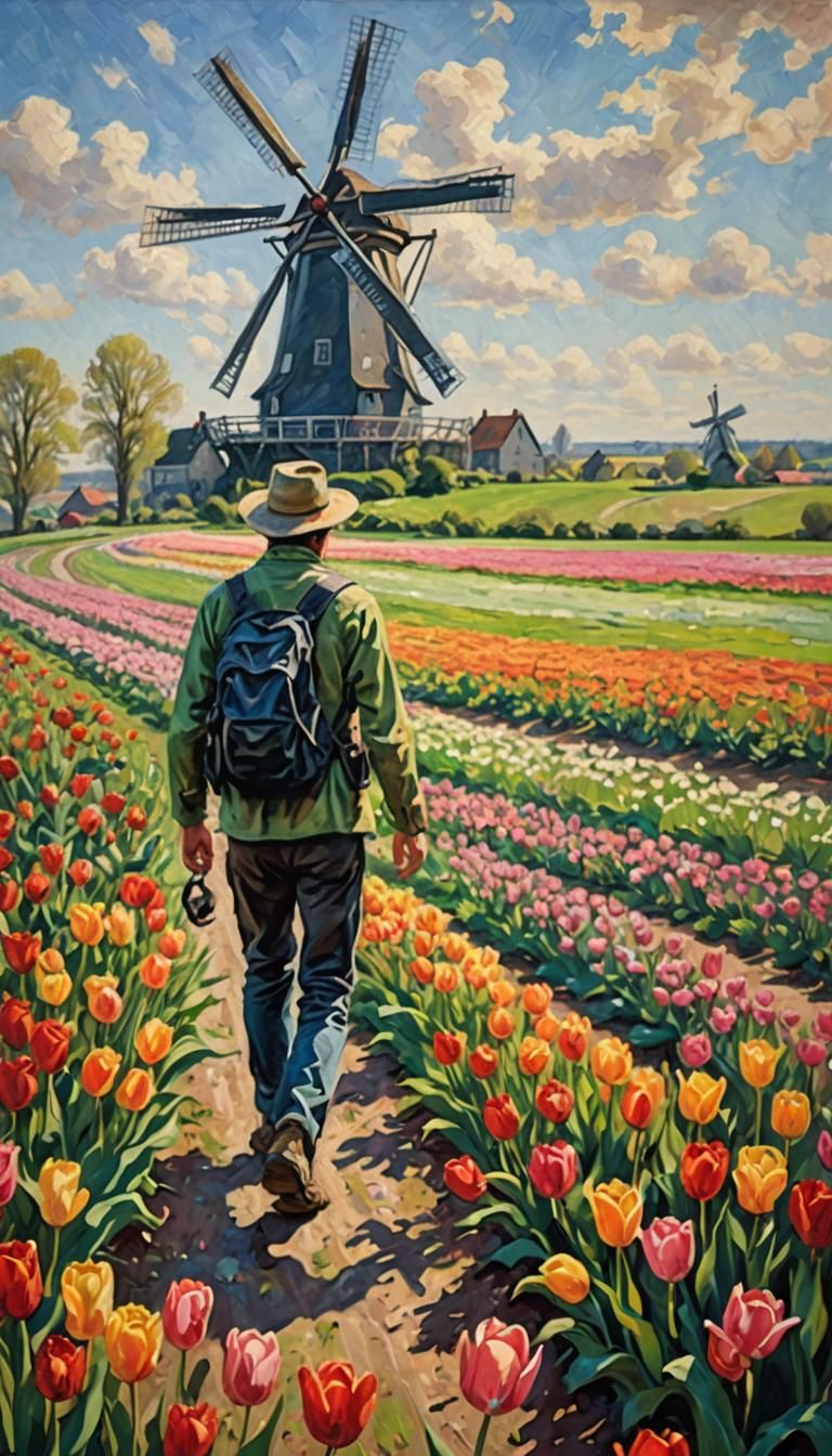 Hiker in Tulip Fields: Impressionist Landscape Painting