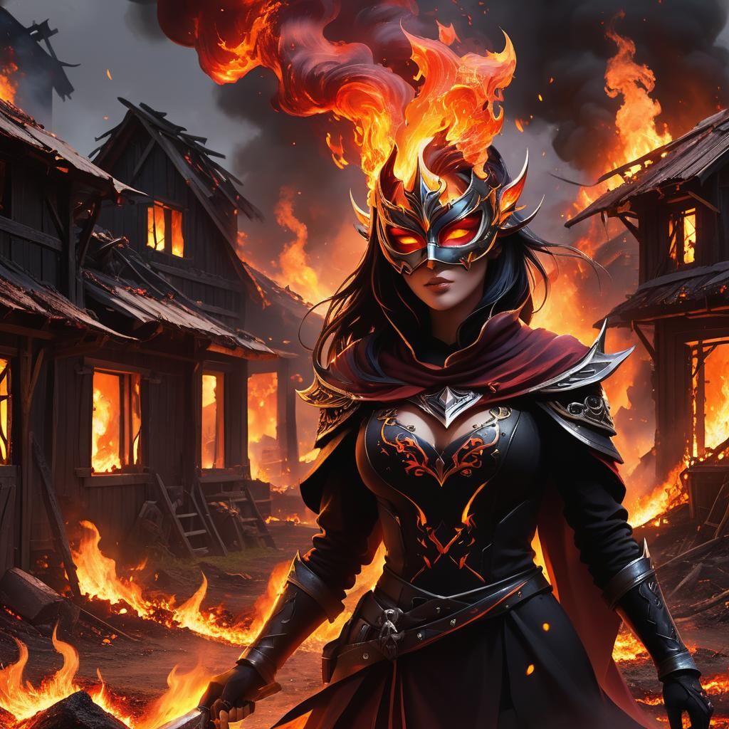 Sorceress Unleashes Magma on Burning Village: Splash Art