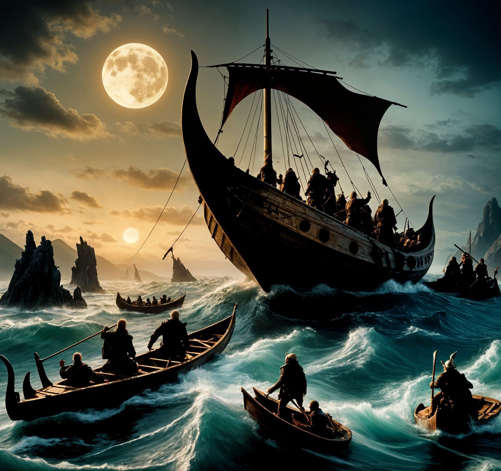Viking Longship Sailing to Island at Moonrise