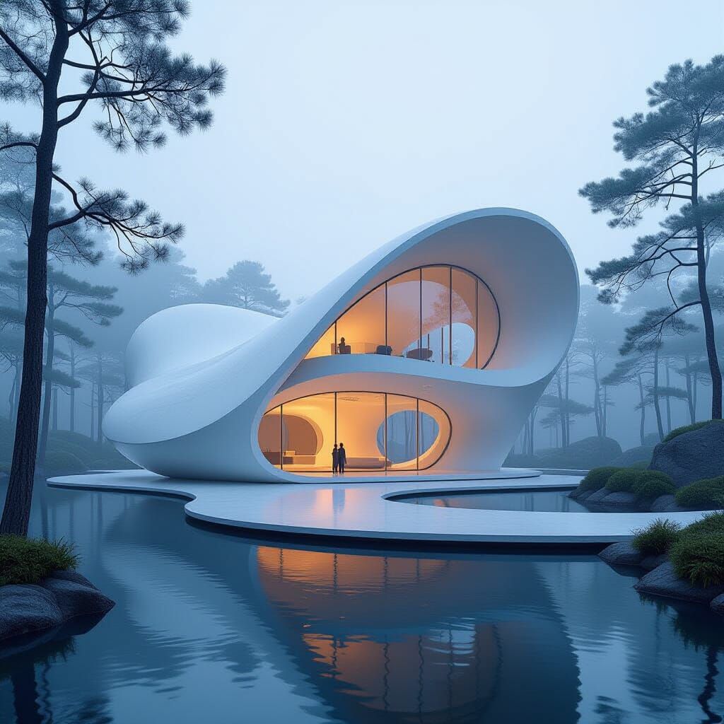 Parametric Art Museum in Foggy Landscape