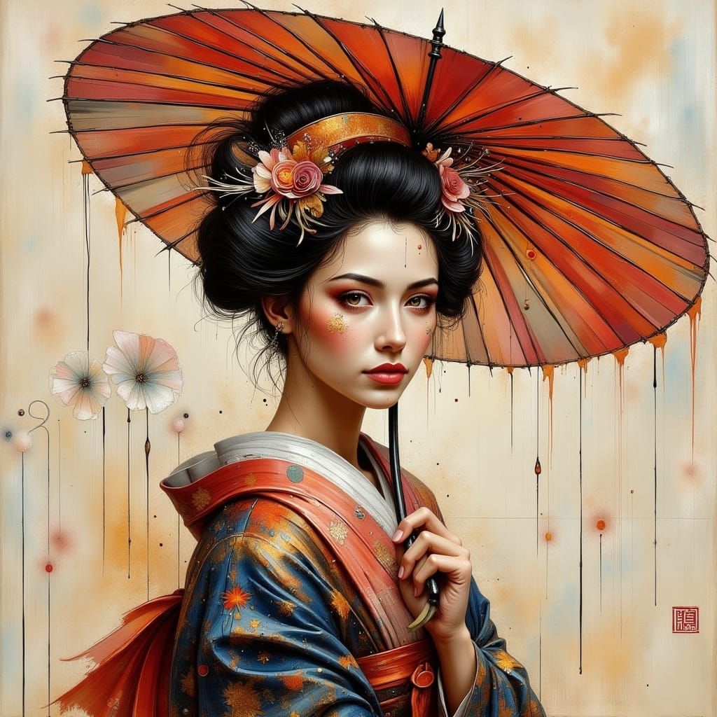 Geisha with Parasol in Abstract Photorealism