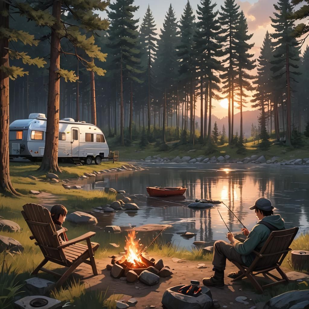 Riverside Dusk: Fishing by the Trailer in Anime Style