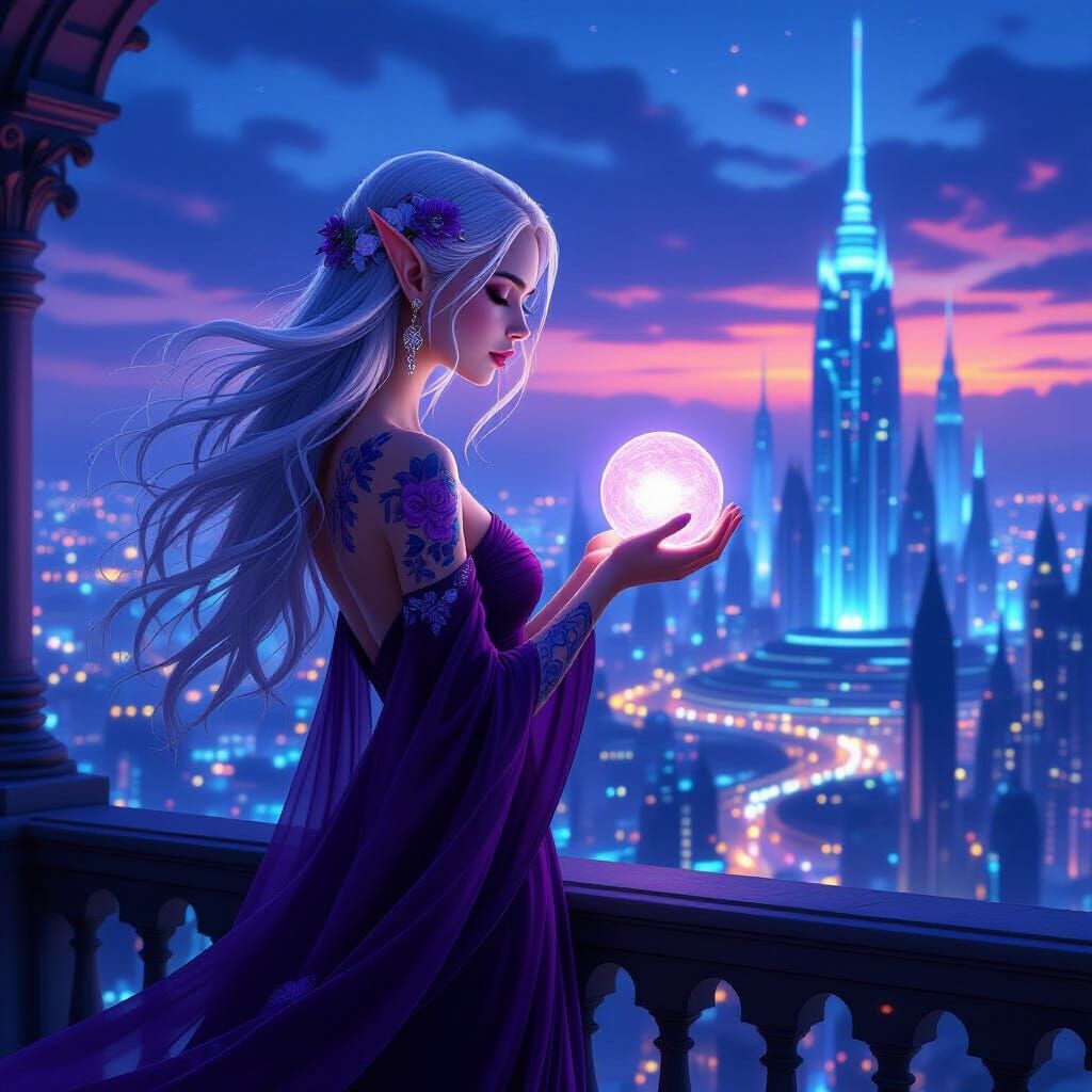 Elven Woman Gazes at Bioluminescent Futuristic City