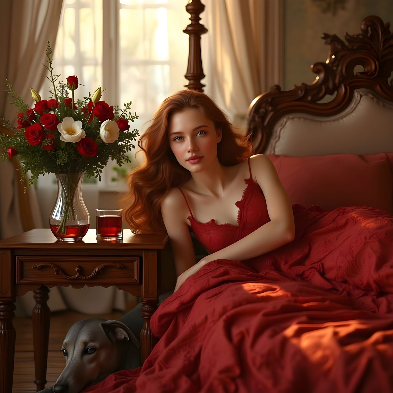 Romantic Bedroom Scene with Woman and Greyhound