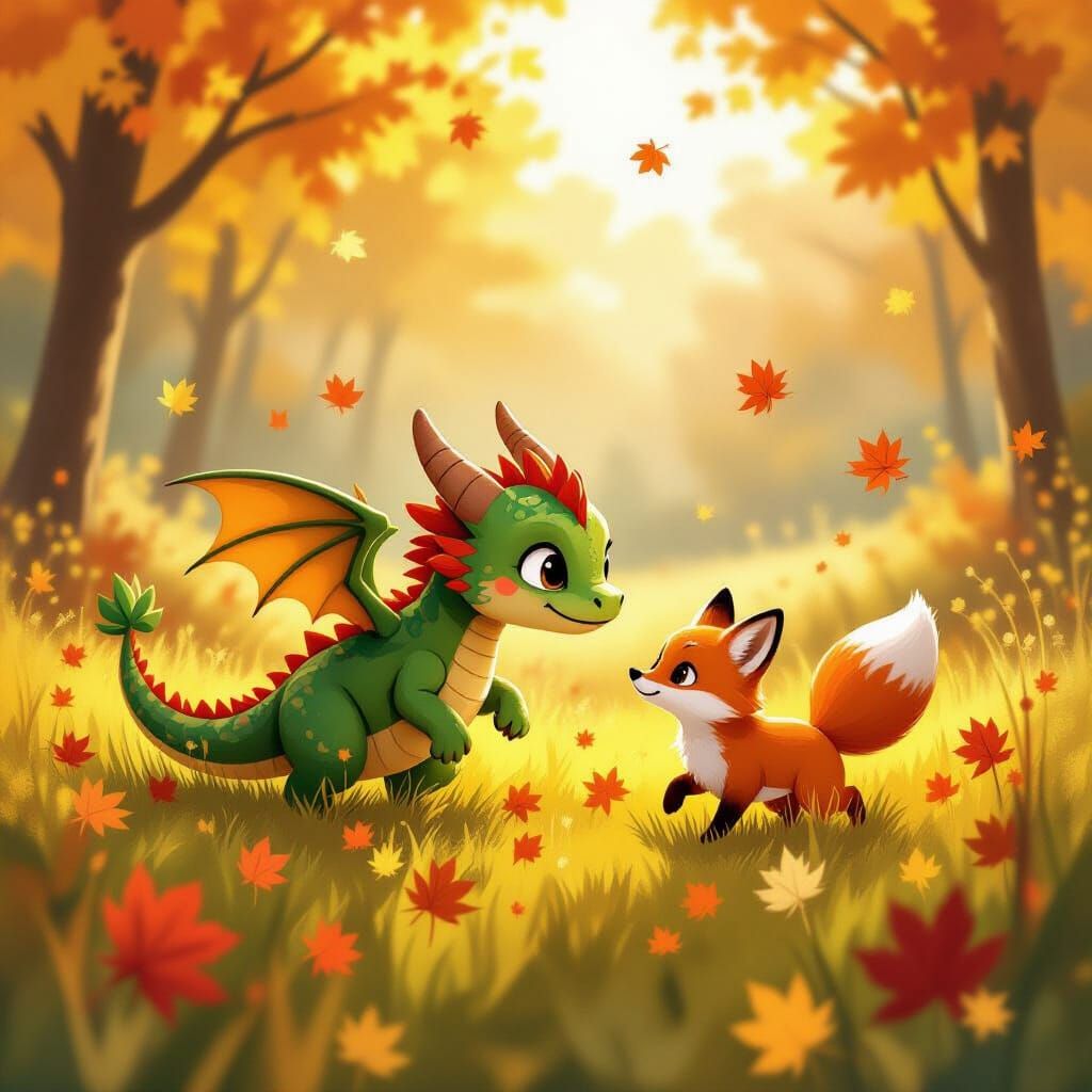Baby Dragon and Fox Play in Autumn Meadow