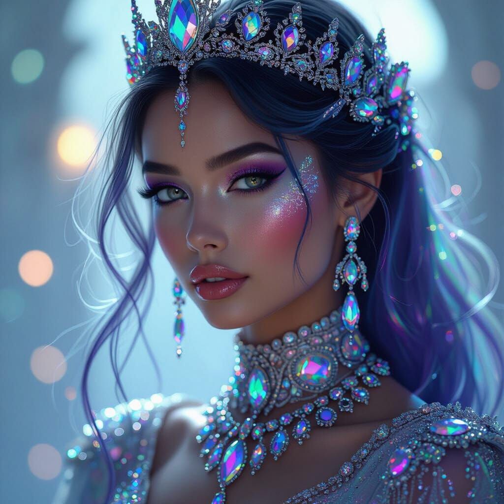 Bioluminescent Queen with Crystal Jewelry in Hyperrealism