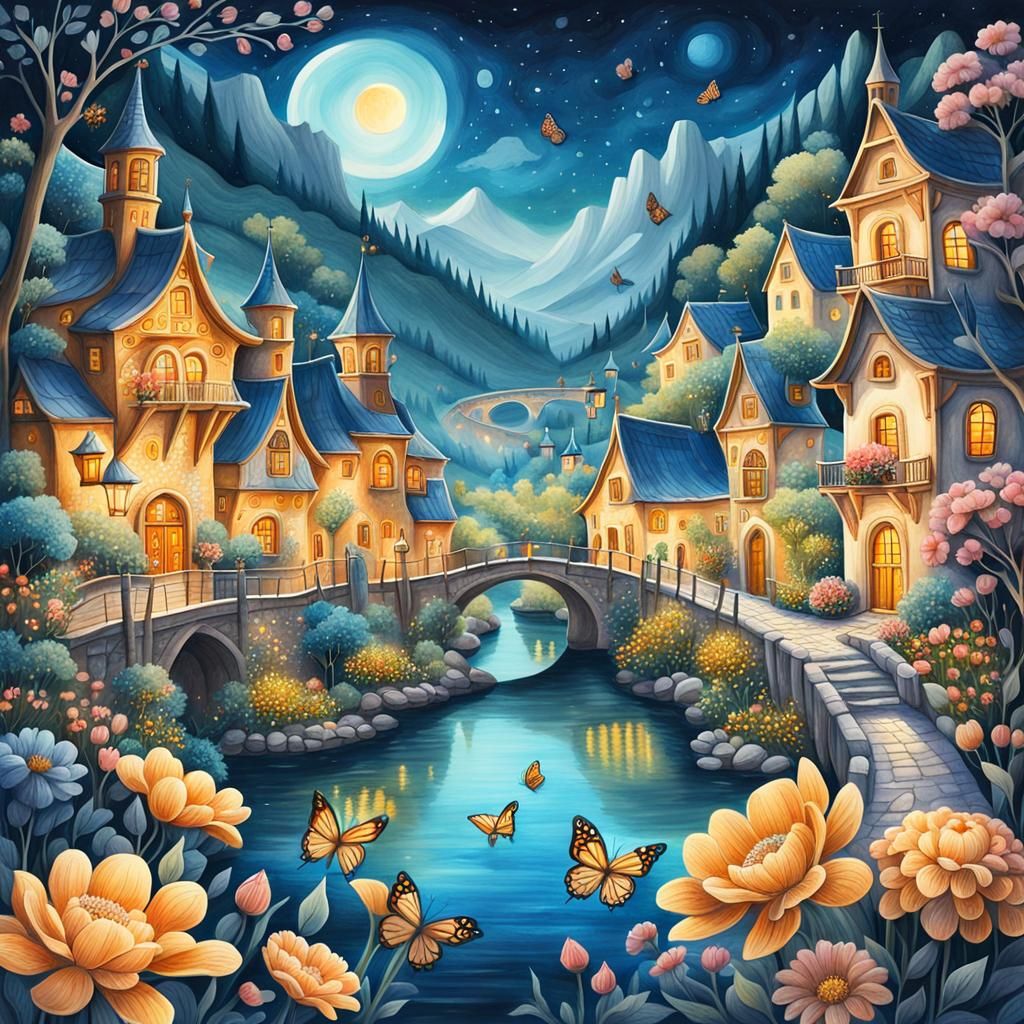Fantasy Village at Night as Gouache Illustration