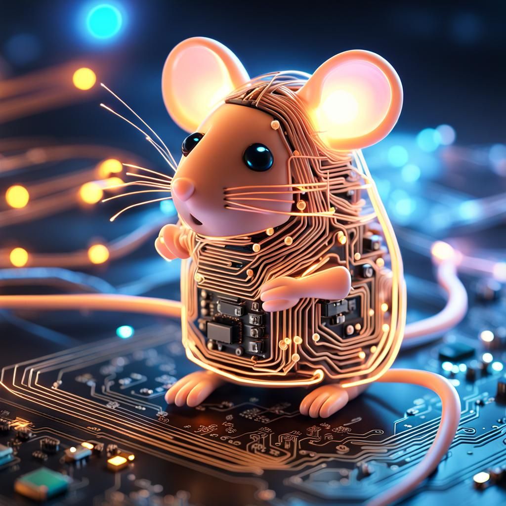 Glowing Circuit Mouse on Computer Board, 3D Digital Art