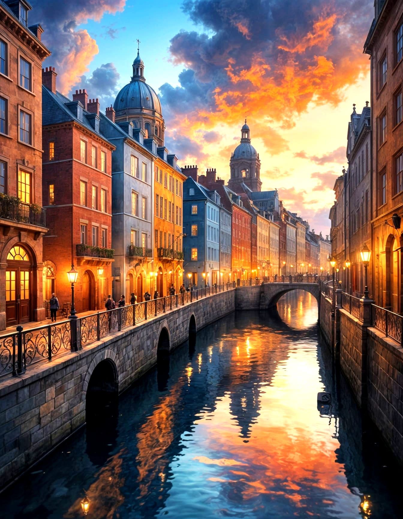 Twilight Cityscape with River and Cathedral in Impressionist...