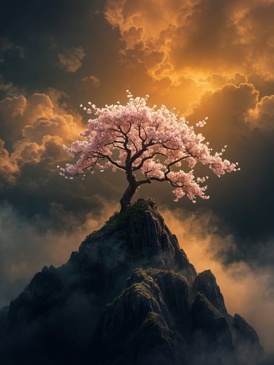 Magical Cherry Blossom Beacon in Fantasy Landscape