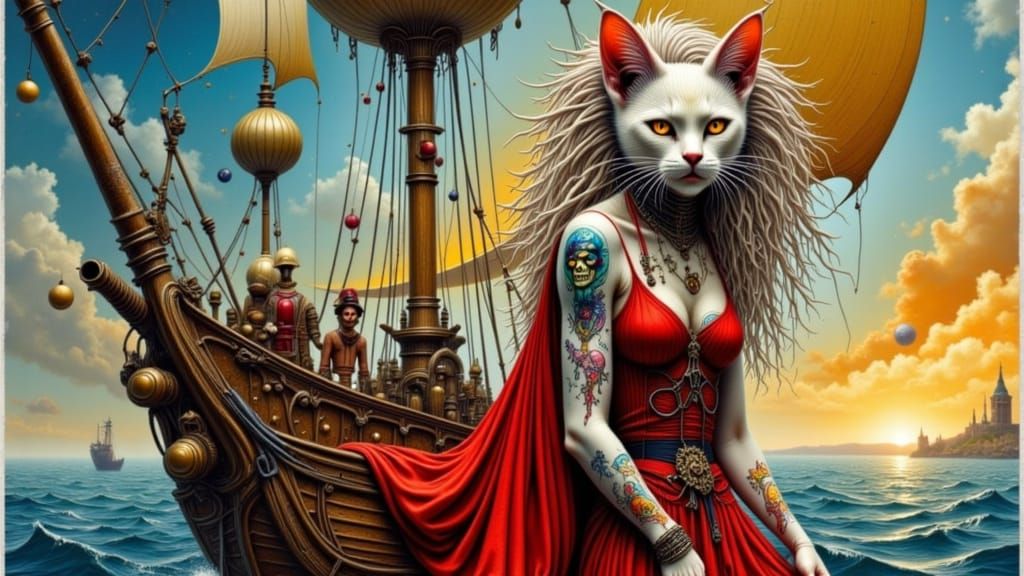Albino Dread Pirate Cat in Red Dress on Ship
