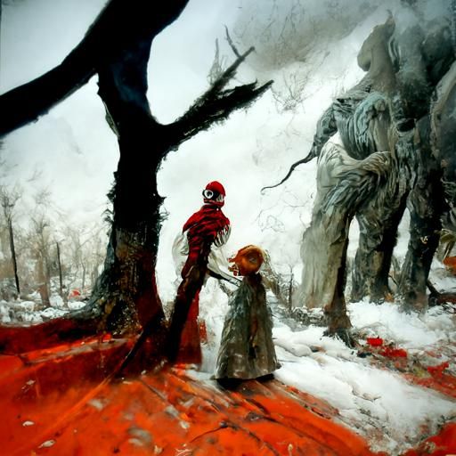 Sinister Red Forest in Snow: Digital Art