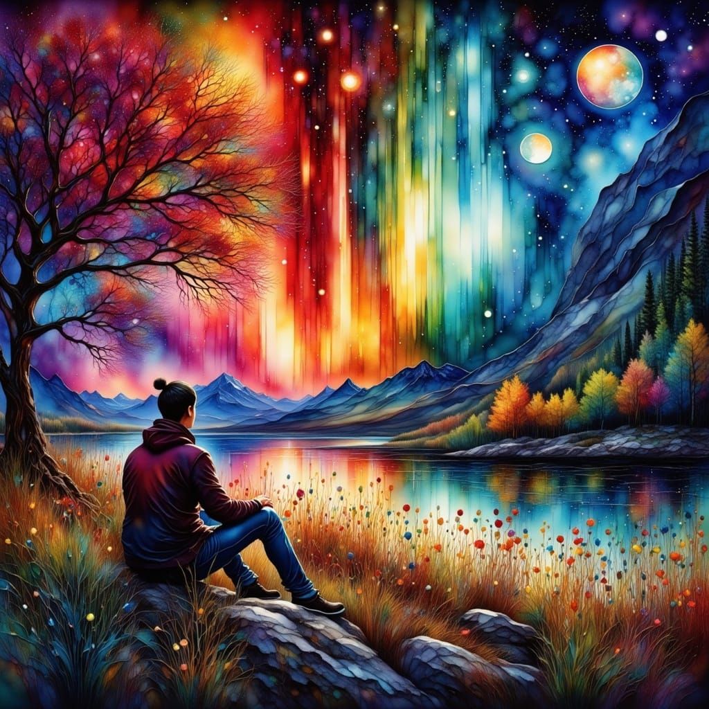 Northern Lights Sky Watcher in Oil Painting Style
