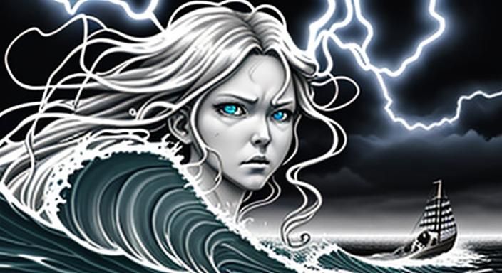 a whispy beautiful ethereal angry goddess face in clouds in the sky blowing a sttorm on a tiny boat in the sea in a dark...