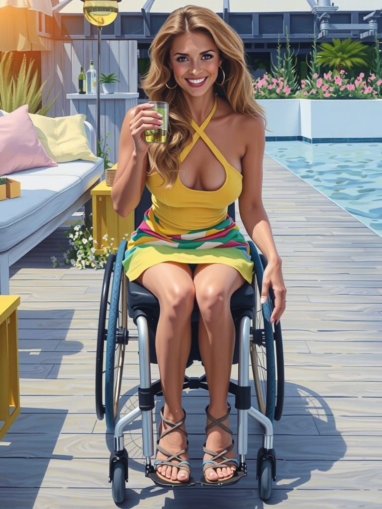 Smiling Woman in Wheelchair by Pool: Oil Painting