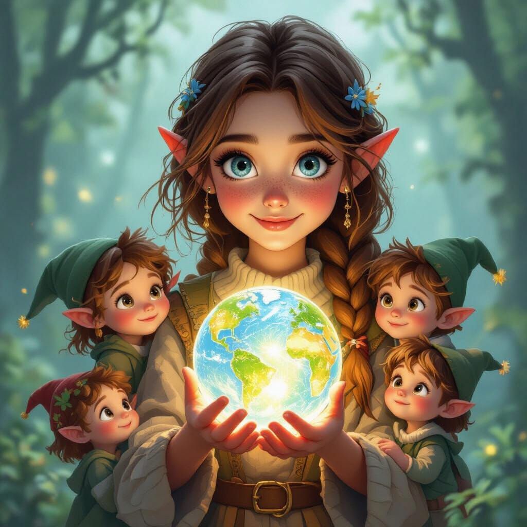 Ethereal Elf Family Scene with Glowing Orb