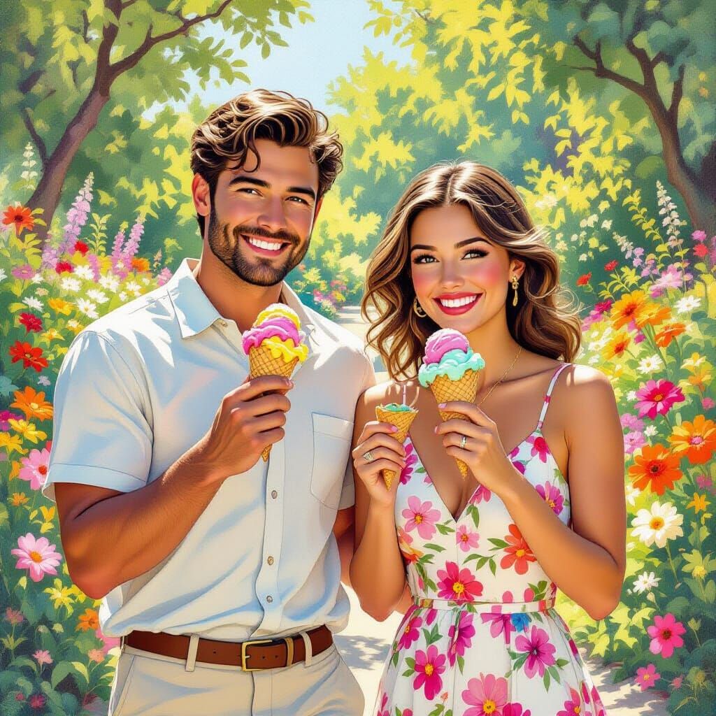 Couple in Garden, Rockwell-esque Summer Scene