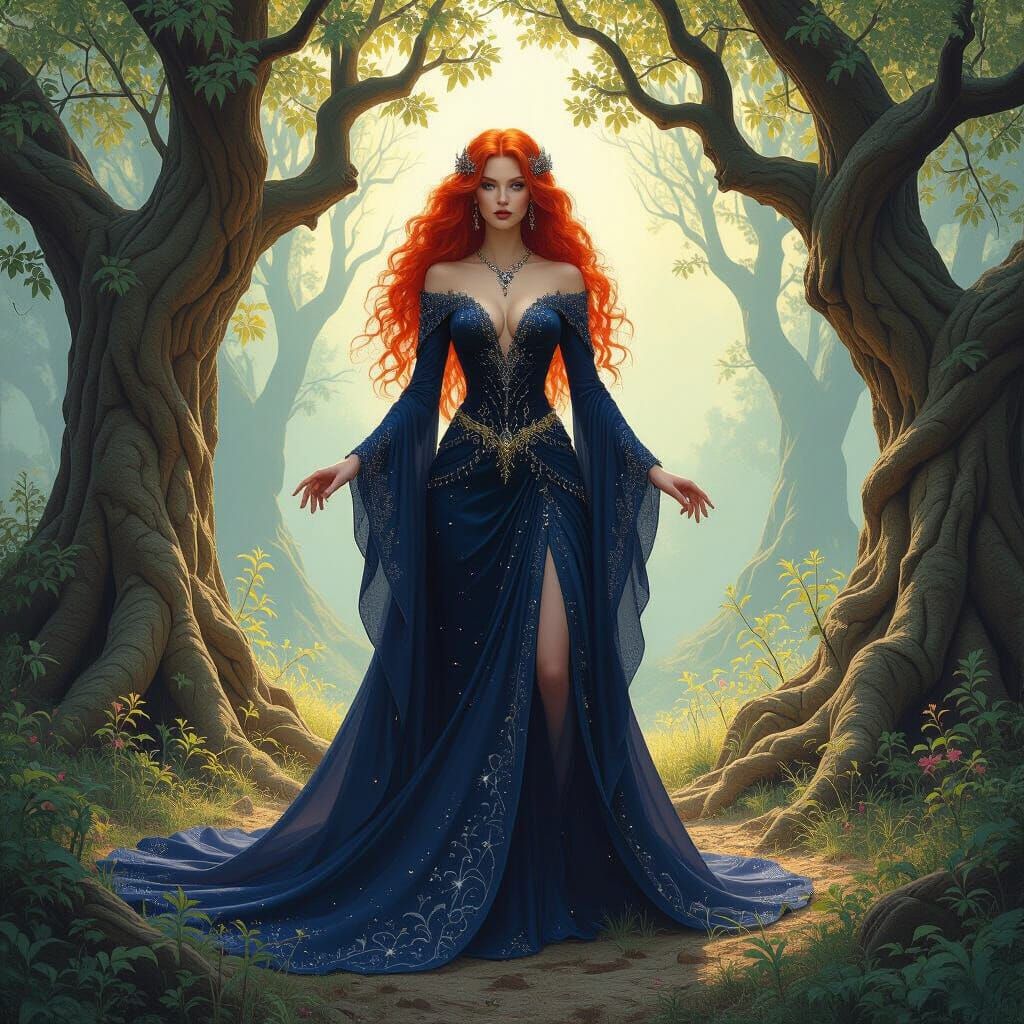 Sorceress in Grove: Surreal Darkness and Ethereal Light