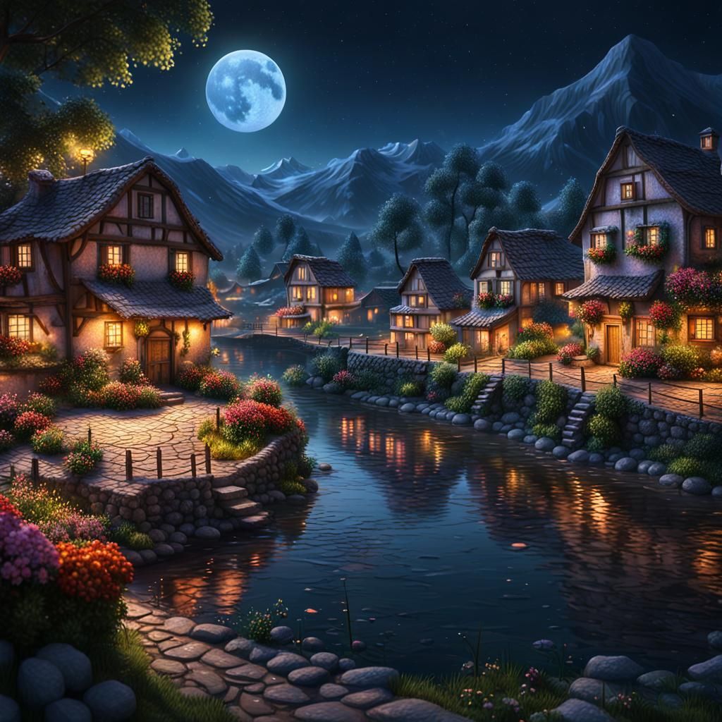 Flowery Rustic Village at Night in Hyperrealistic Style