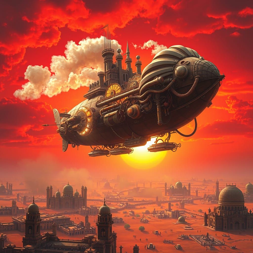 Steampunk Lion Airship Over Desert City