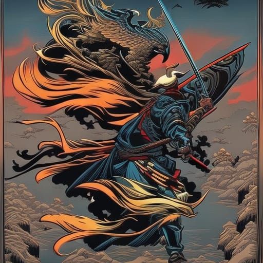 Eagle Samurai in Hokusai Comic Book Style