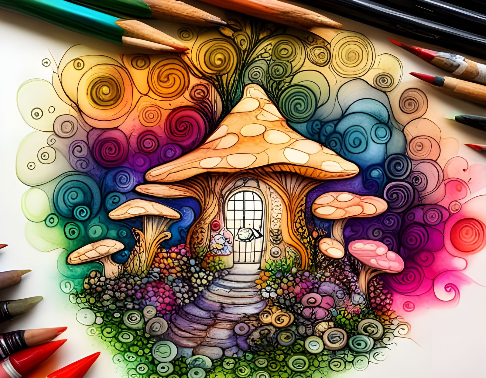 Fairy House in Mushroom Circle: Ink Line Art