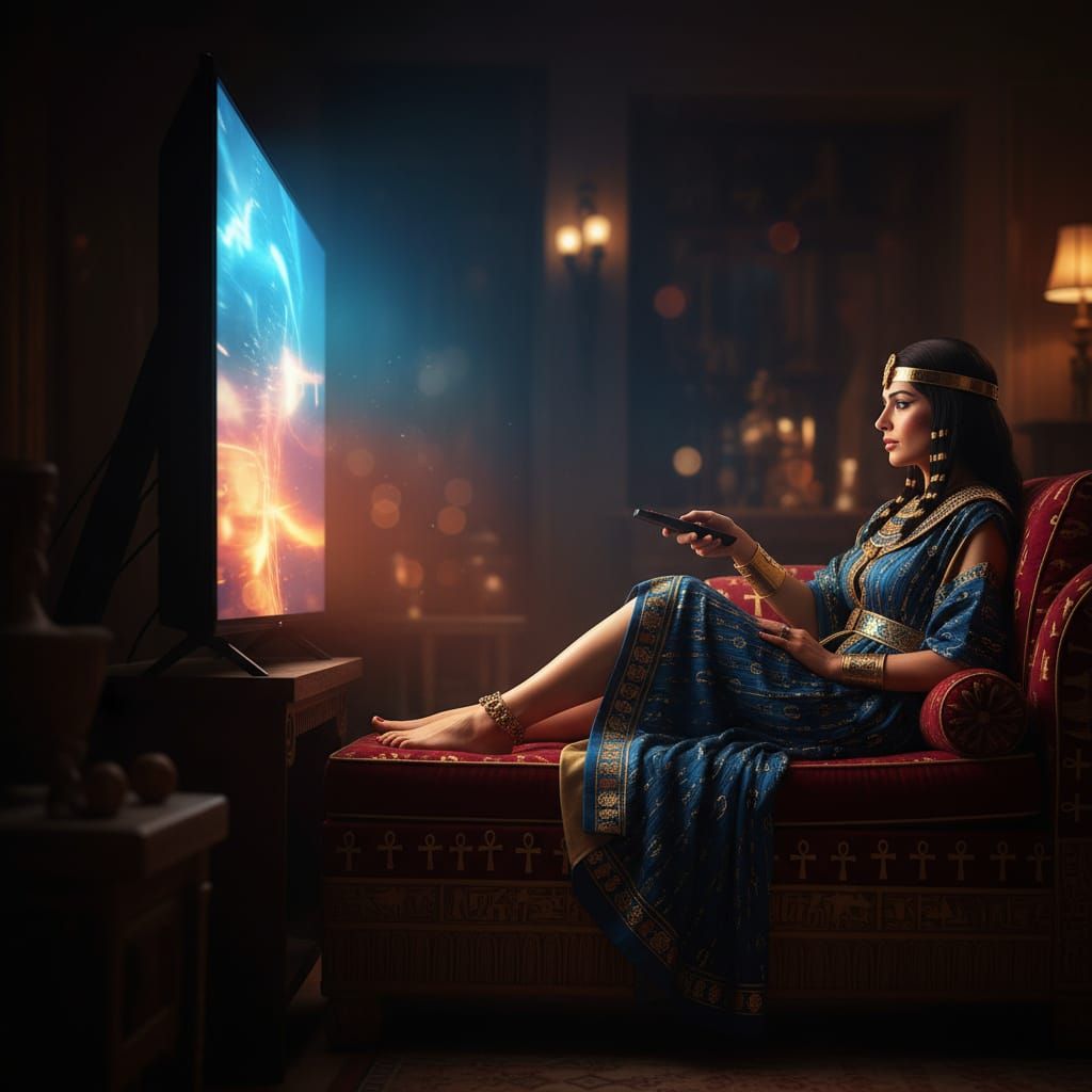 Cleopatra Enjoys Television in a Dimly Lit Room