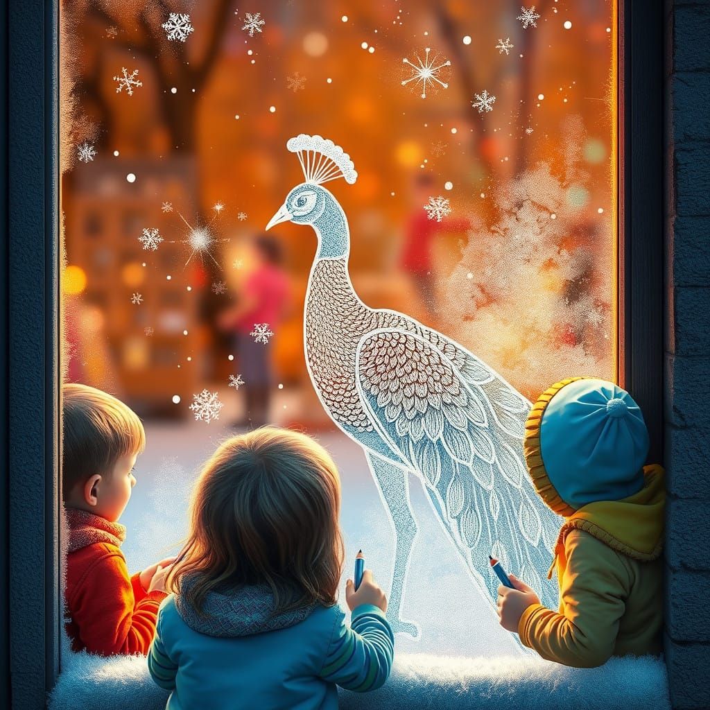 Vibrant Peacock Emerges from Frosty Window Art