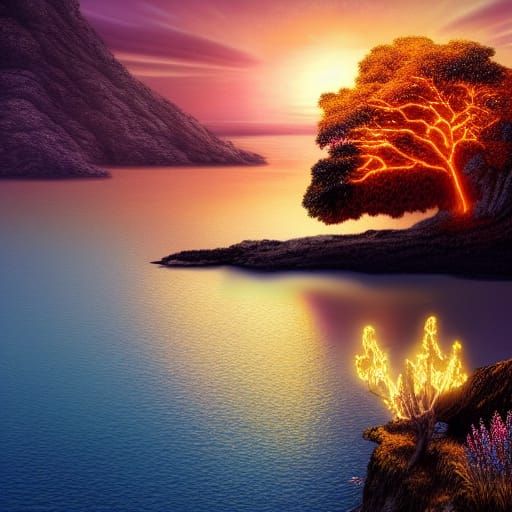 Golden Tree at Silver Lake Sunset