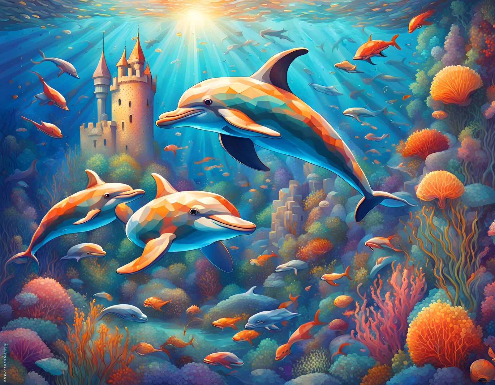 Mosaic, Beautiful gorgeous shimmering colorful underwater mosaic of dolphins, jellyfish, bright coral, bright tropical f...