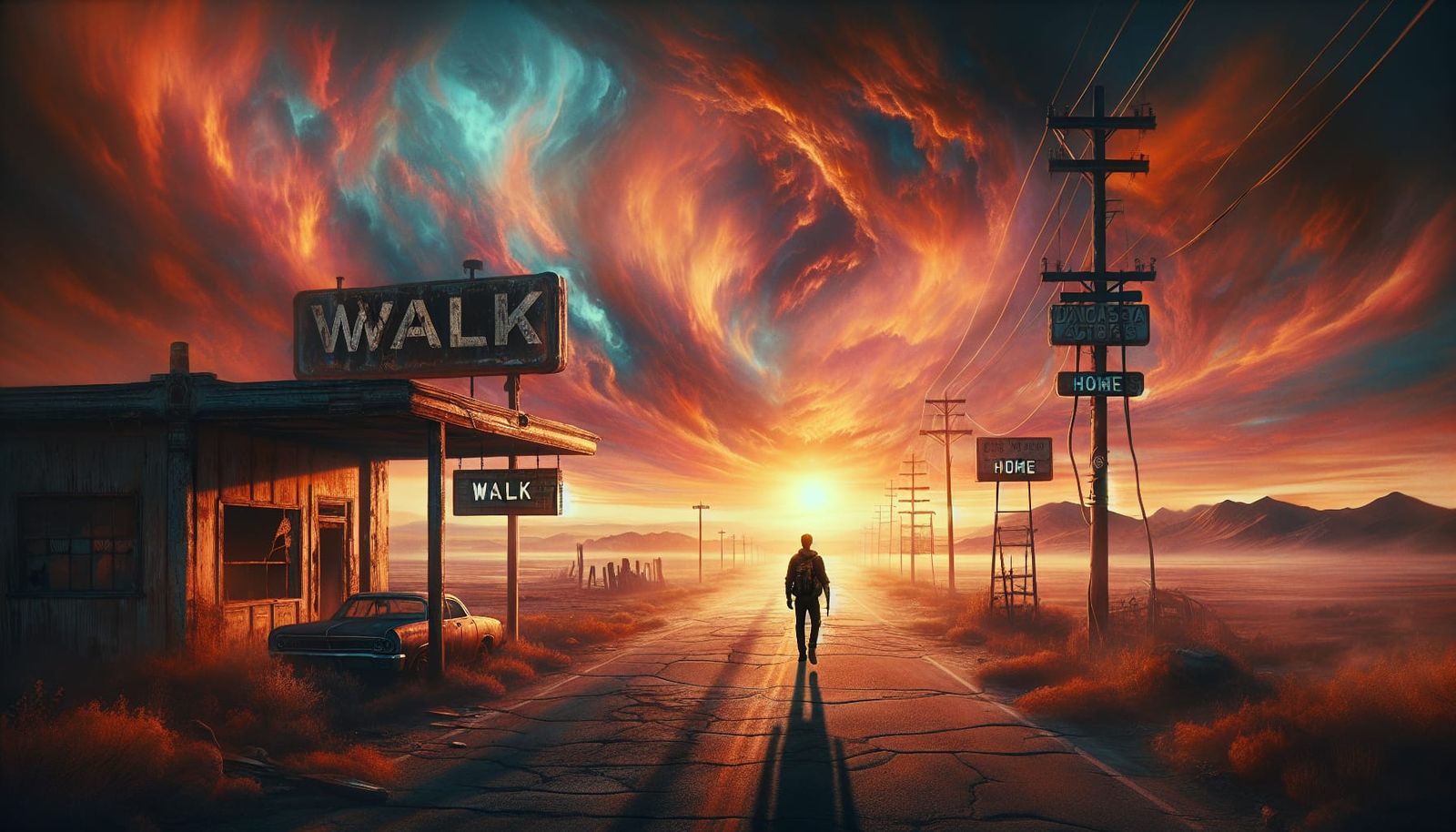 Dystopian Sunset: Solitary Figure on Desolate Road