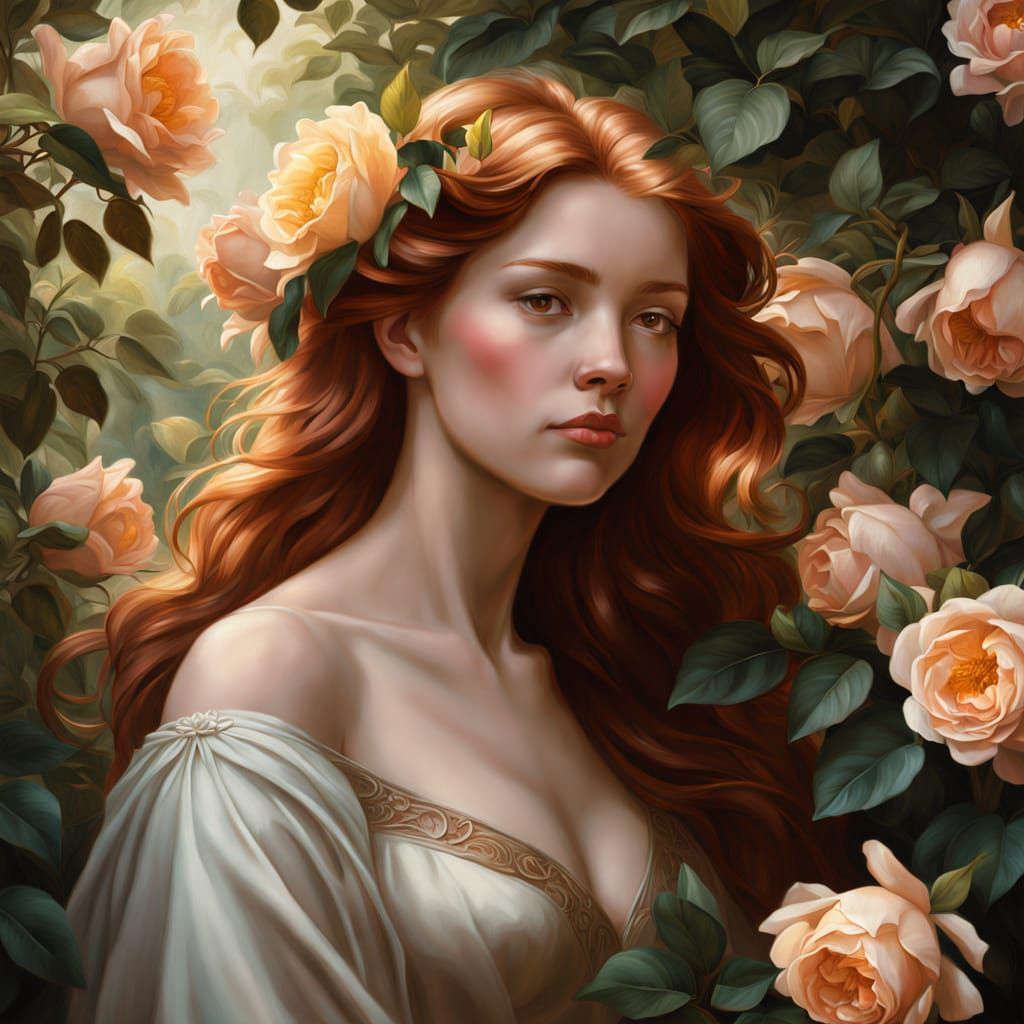Woman in Honeysuckle and Peach Roses, Romantic Realism