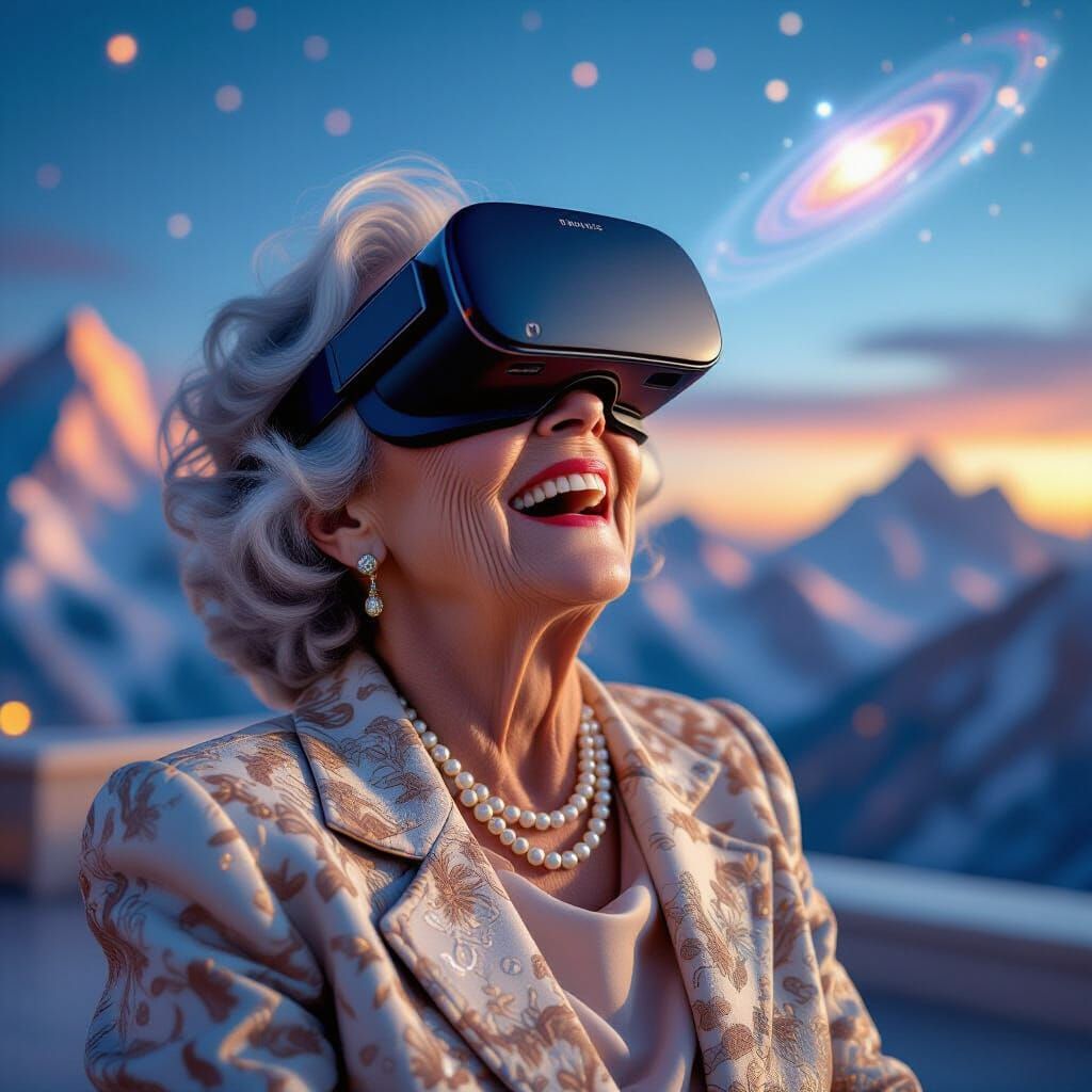 Older Woman's VR Discovery: Hyperrealistic Rooftop Scene